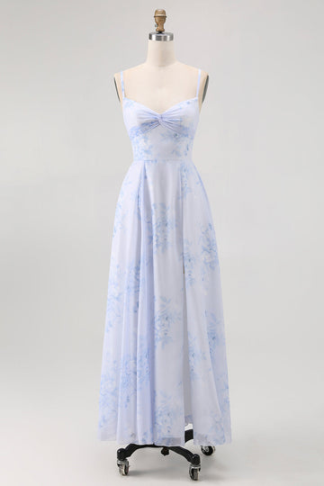 Blue Floral Spaghetti Straps Chiffon A Line Bridesmaid Dress